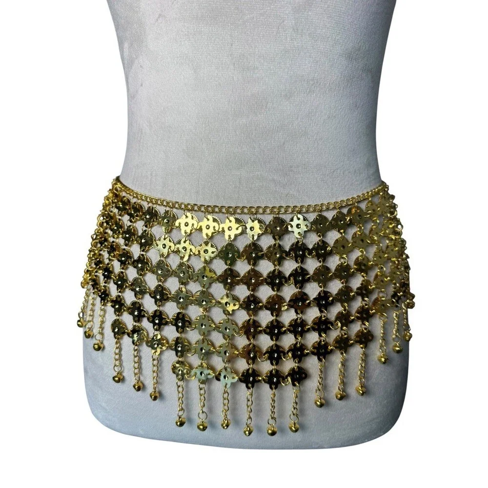 intage Y2K Indian Coin Fringe Belly Dance Belt Gold Tone Chainmail Festival